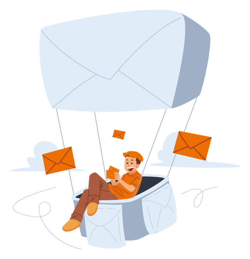 Ilustración hombre sentado en un globo con forma de email